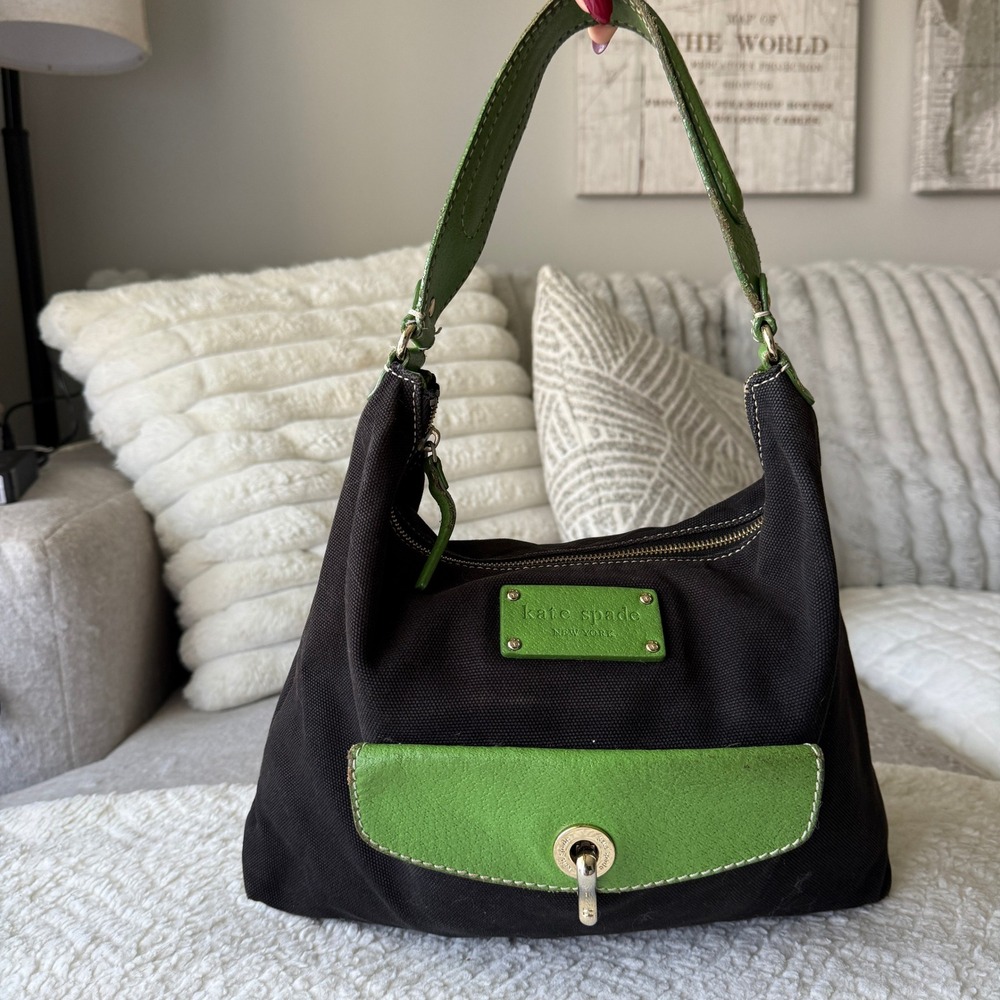 Kate Spade New York Black Canvas Green Leather Trim Shoulder Bag Hobo Toggle